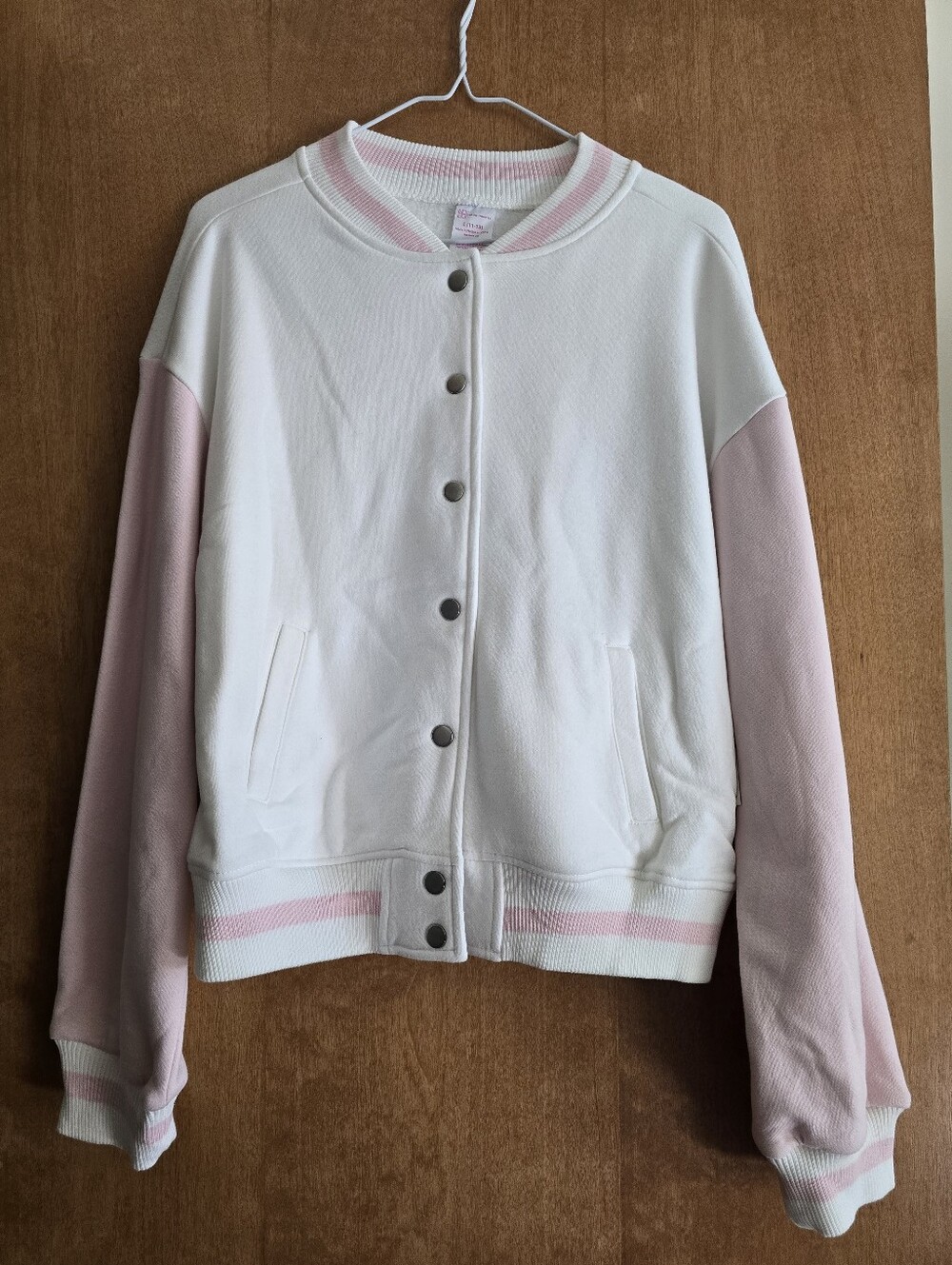 No Boundaries White and Pink Snap-Front Varsity Jacket
